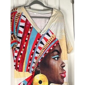 African Art Portrait Graphic T-Shirt Dress V-Neck Side Pockets Multicolor Large